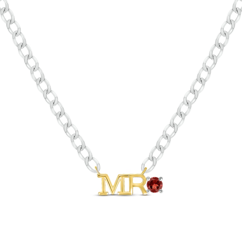 Men's Garnet "Mr." Cuban Chain Necklace Sterling Silver & 10K Yellow Gold 20"