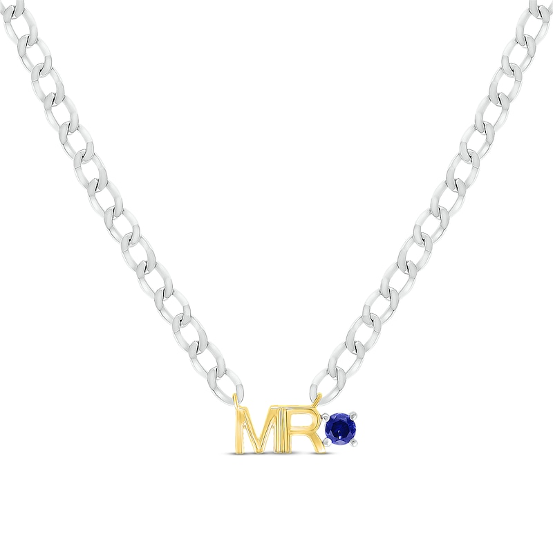 Main Image 1 of Men's Blue Lab-Created Sapphire &quot;Mr.&quot; Cuban Chain Necklace Sterling Silver & 10K Yellow Gold 20&quot;