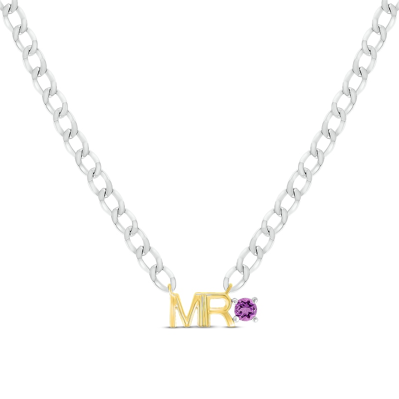 Men's Amethyst "Mr." Cuban Chain Necklace Sterling Silver & 10K Yellow Gold 20"