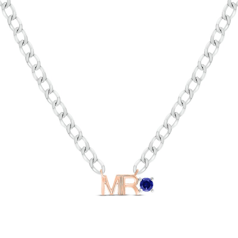 Main Image 1 of Men's Blue Lab-Created Sapphire &quot;Mr.&quot; Cuban Chain Necklace Sterling Silver & 10K Rose Gold 20&quot;