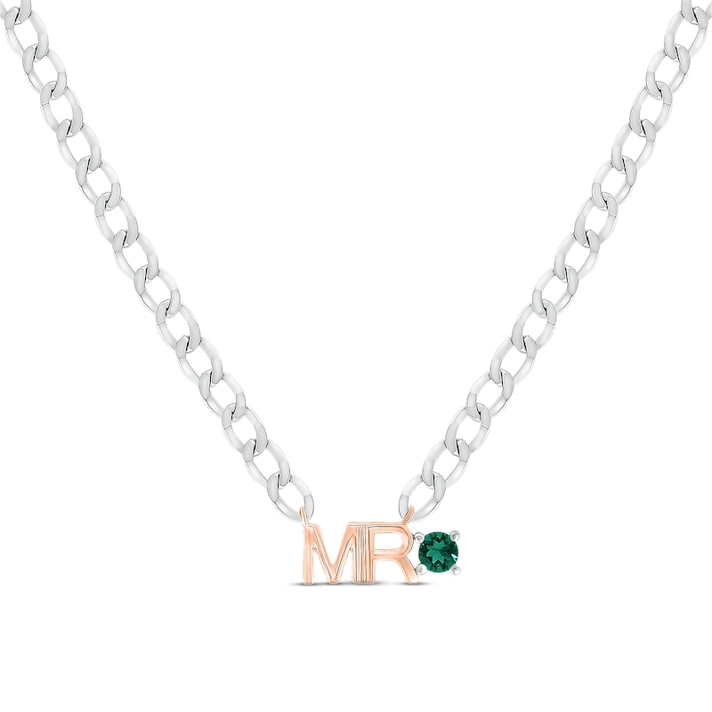 Main Image 1 of Men's Lab-Created Emerald &quot;Mr.&quot; Cuban Chain Necklace Sterling Silver & 10K Rose Gold 20&quot;