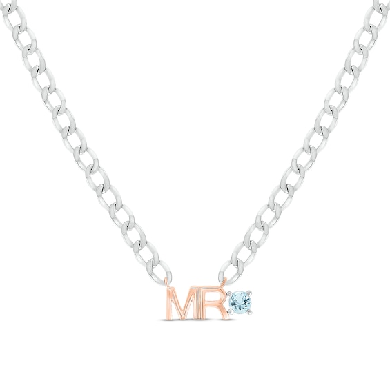 Men's Aquamarine "Mr." Cuban Chain Necklace Sterling Silver & 10K Rose Gold 20"