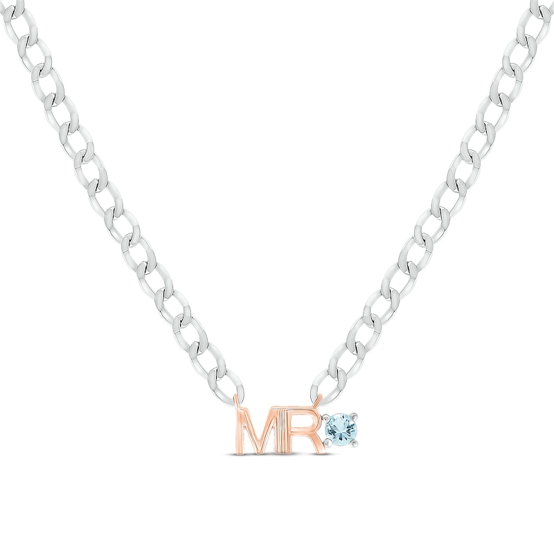 Main Image 1 of Men's Aquamarine &quot;Mr.&quot; Cuban Chain Necklace Sterling Silver & 10K Rose Gold 20&quot;