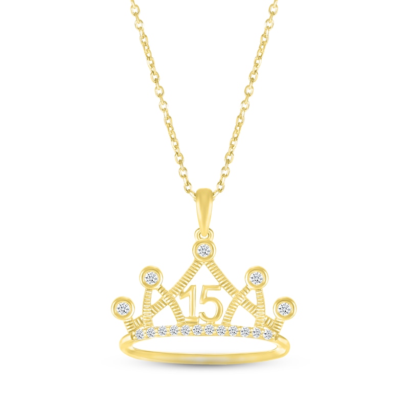 White Lab-Created Sapphire Quinceañera Crown Necklace 10K Yellow Gold 18"