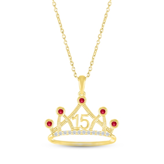 Lab-Created Ruby & White Lab-Created Sapphire Quinceañera Crown Necklace 10K Yellow Gold 18"