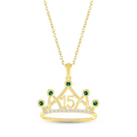 Lab-Created Emerald & White Lab-Created Sapphire Quinceañera Crown Necklace 10K Yellow Gold 18"