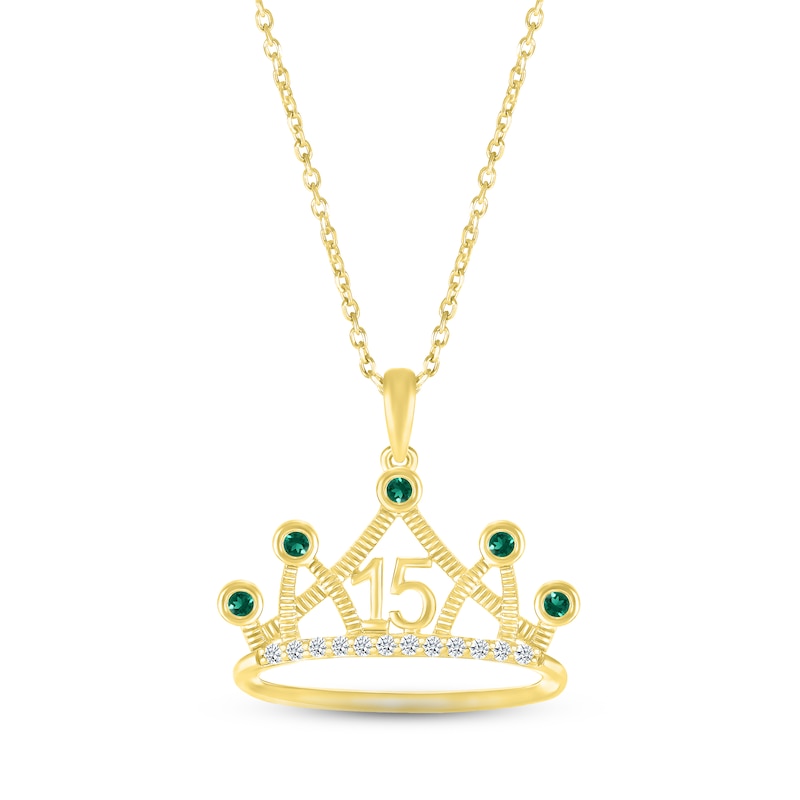 Lab-Created Emerald & White Lab-Created Sapphire Quinceañera Crown Necklace 10K Yellow Gold 18"