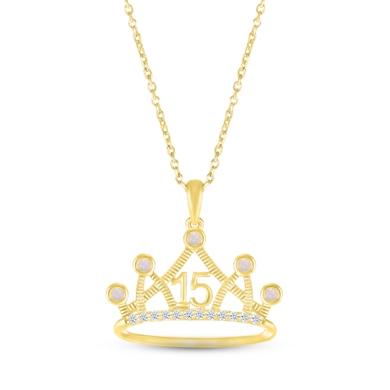 Lab-Created Opal & White Lab-Created Sapphire Quinceañera Crown Necklace 10K Yellow Gold 18"