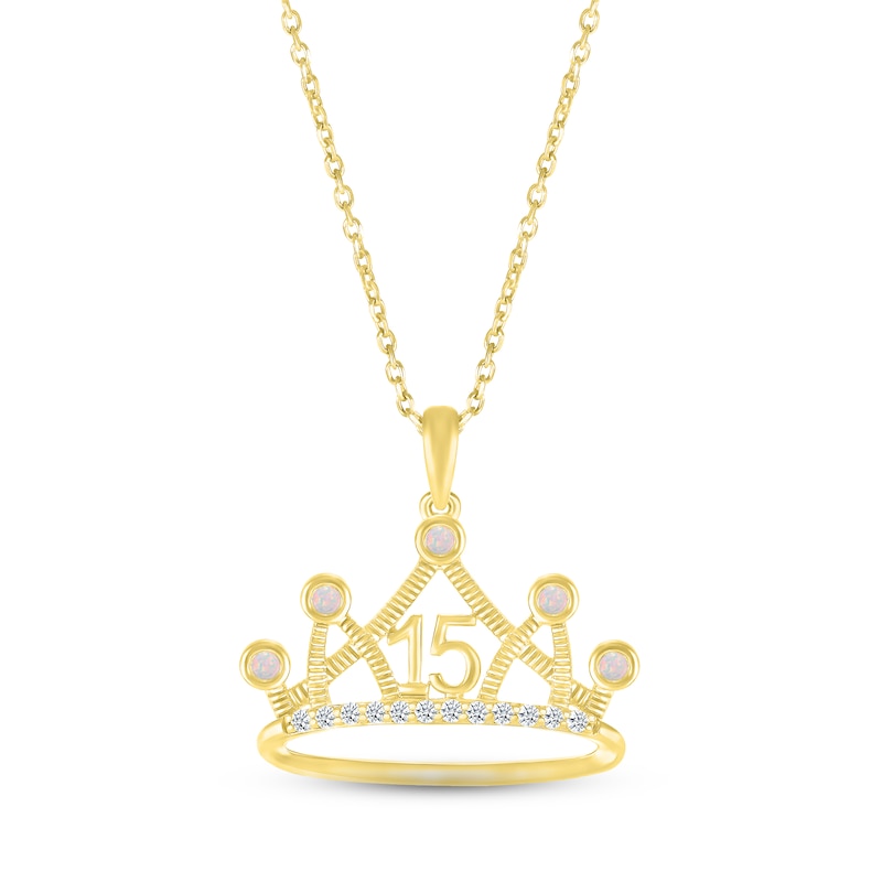 Main Image 1 of Lab-Created Opal & White Lab-Created Sapphire Quinceañera Crown Necklace 10K Yellow Gold 18&quot;