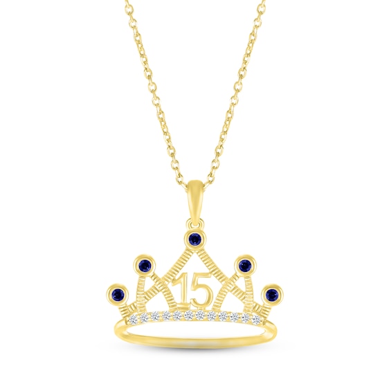 Blue & White Lab-Created Sapphire Quinceañera Crown Necklace 10K Yellow Gold 18"