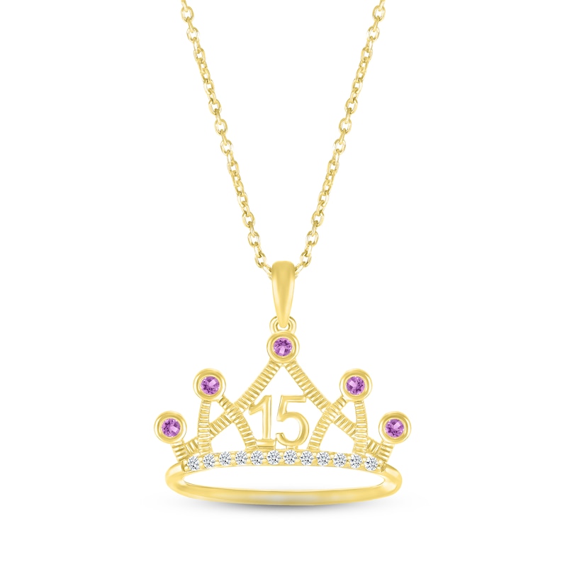 Amethyst & White Lab-Created Sapphire Quinceañera Crown Necklace 10K Yellow Gold 18"