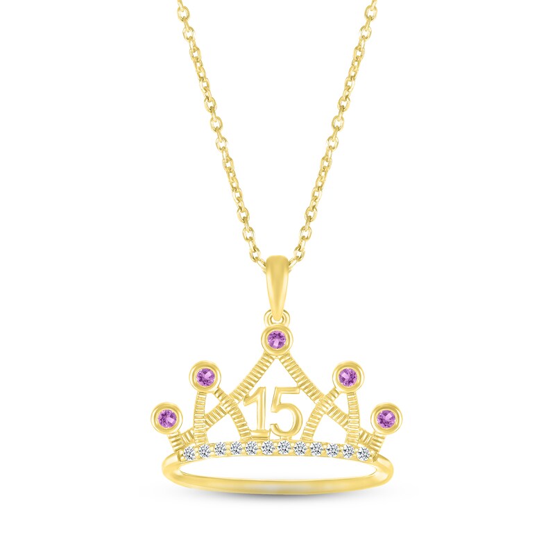 Main Image 1 of Amethyst & White Lab-Created Sapphire Quinceañera Crown Necklace 10K Yellow Gold 18&quot;