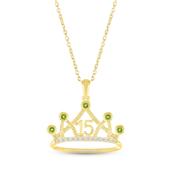 Peridot & White Lab-Created Sapphire Quinceañera Crown Necklace 10K Yellow Gold 18"