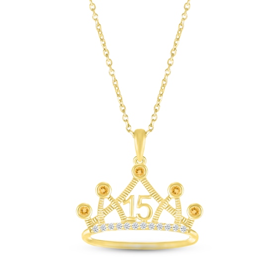 Citrine & White Lab-Created Sapphire Quinceañera Crown Necklace 10K Yellow Gold 18"