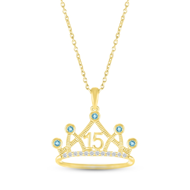Main Image 1 of Swiss Blue Topaz & White Lab-Created Sapphire Quinceañera Crown Necklace 10K Yellow Gold 18"