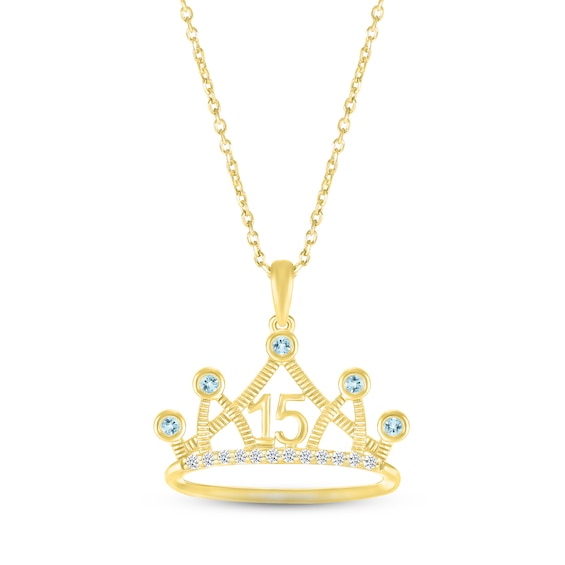 Aquamarine & White Lab-Created Sapphire Quinceañera Crown Necklace 10K Yellow Gold 18"
