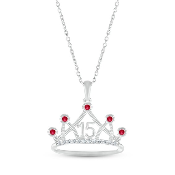 Lab-Created Ruby & White Lab-Created Sapphire Quinceañera Crown Necklace Sterling Silver 18"