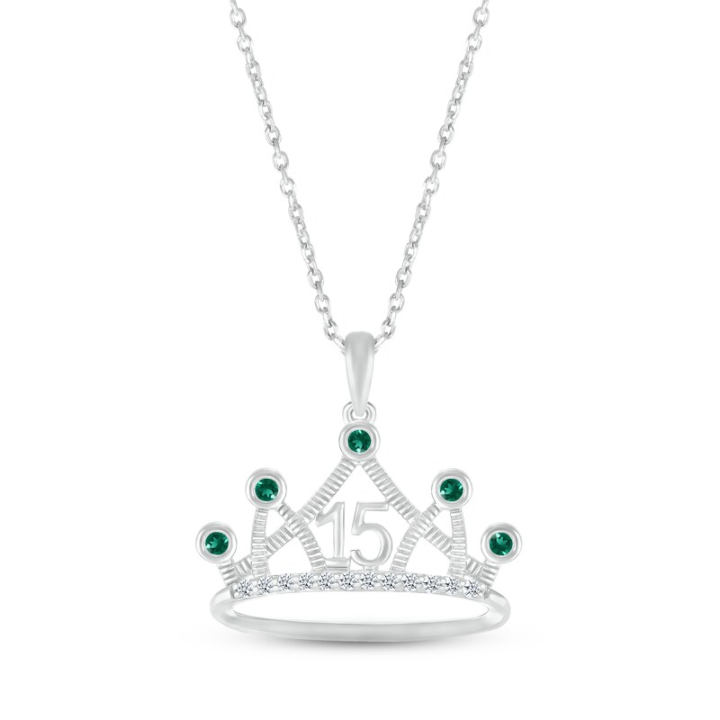 Lab-Created Emerald & White Lab-Created Sapphire Quinceañera Crown Necklace Sterling Silver 18"