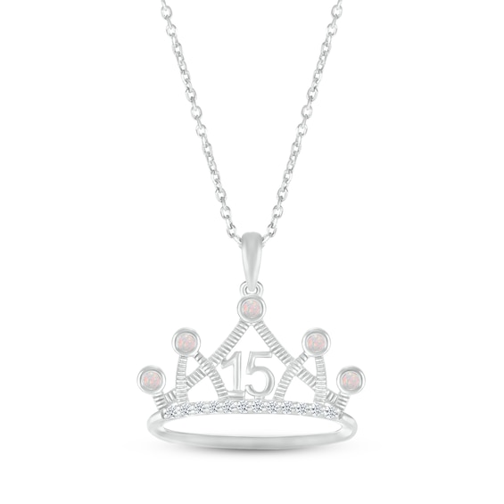 Lab-Created Opal & White Lab-Created Sapphire Quinceañera Crown Necklace Sterling Silver 18"