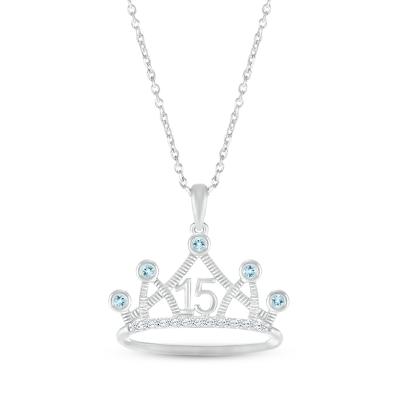 Aquamarine & White Lab-Created Sapphire Quinceañera Crown Necklace Sterling Silver 18"