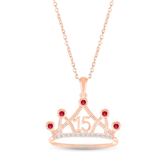 Lab-Created Ruby & White Lab-Created Sapphire Quinceañera Crown Necklace 10K Rose Gold 18"
