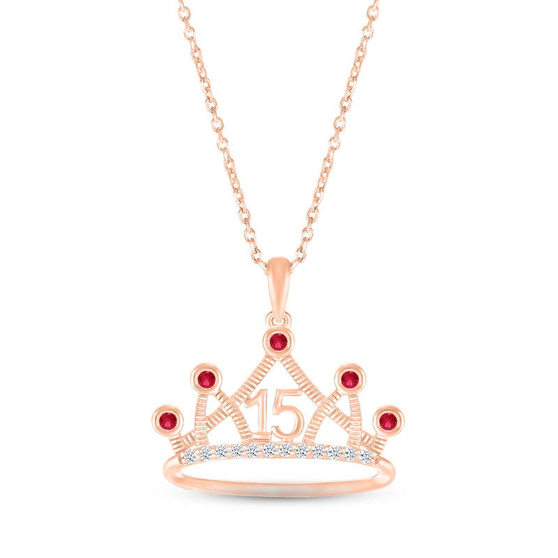Lab-Created Ruby & White Lab-Created Sapphire Quinceañera Crown Necklace 10K Rose Gold 18"