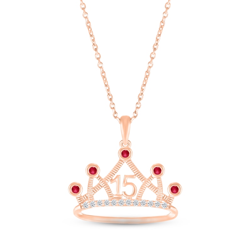 Main Image 1 of Lab-Created Ruby & White Lab-Created Sapphire Quinceañera Crown Necklace 10K Rose Gold 18&quot;