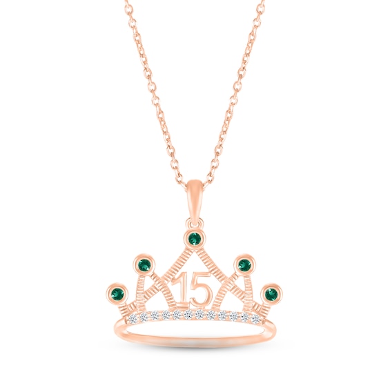 Lab-Created Emerald & White Lab-Created Sapphire Quinceañera Crown Necklace 10K Rose Gold 18"