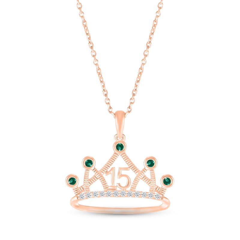 Lab-Created Emerald & White Lab-Created Sapphire Quinceañera Crown Necklace 10K Rose Gold 18"