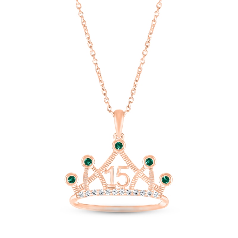 Main Image 1 of Lab-Created Emerald & White Lab-Created Sapphire Quinceañera Crown Necklace 10K Rose Gold 18&quot;