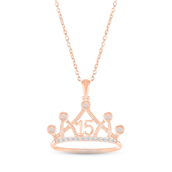 Lab-Created Opal & White Lab-Created Sapphire Quinceañera Crown Necklace 10K Rose Gold 18"