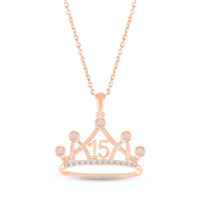 Main Image 1 of Lab-Created Opal & White Lab-Created Sapphire Quinceañera Crown Necklace 10K Rose Gold 18&quot;