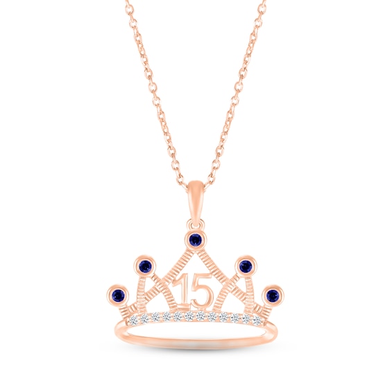 Blue & White Lab-Created Sapphire Quinceañera Crown Necklace 10K Rose Gold 18"