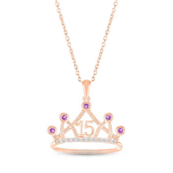 Amethyst & White Lab-Created Sapphire Quinceañera Crown Necklace 10K Rose Gold 18"