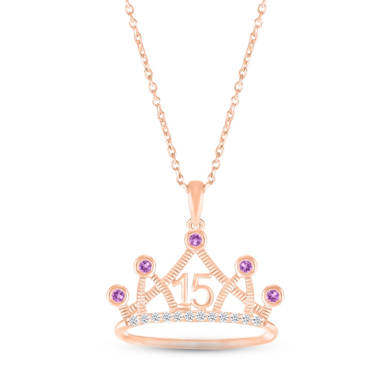 Main Image 1 of Amethyst & White Lab-Created Sapphire Quinceañera Crown Necklace 10K Rose Gold 18&quot;