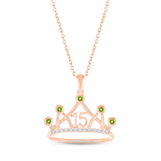 Peridot & White Lab-Created Sapphire Quinceañera Crown Necklace 10K Rose Gold 18"
