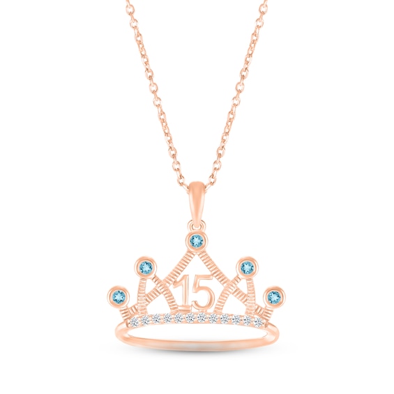 Swiss Blue Topaz & White Lab-Created Sapphire Quinceañera Crown Necklace 10K Rose Gold 18"