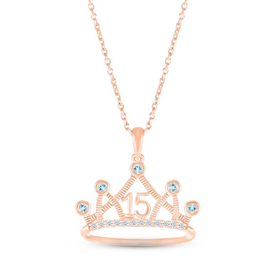 Aquamarine & White Lab-Created Sapphire Quinceañera Crown Necklace 10K Rose Gold 18"