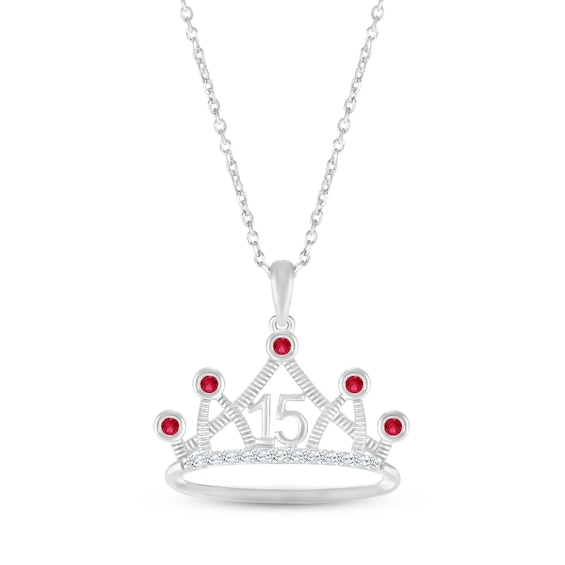 Lab-Created Ruby & White Lab-Created Sapphire Quinceañera Crown Necklace 10K White Gold 18"