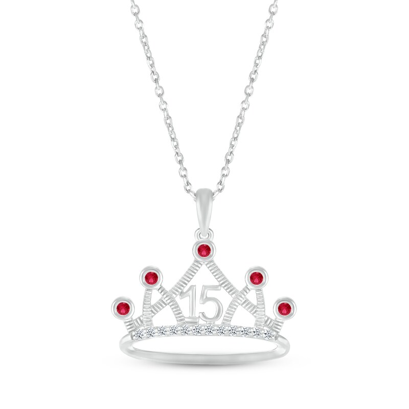 Main Image 1 of Lab-Created Ruby & White Lab-Created Sapphire Quinceañera Crown Necklace 10K White Gold 18&quot;