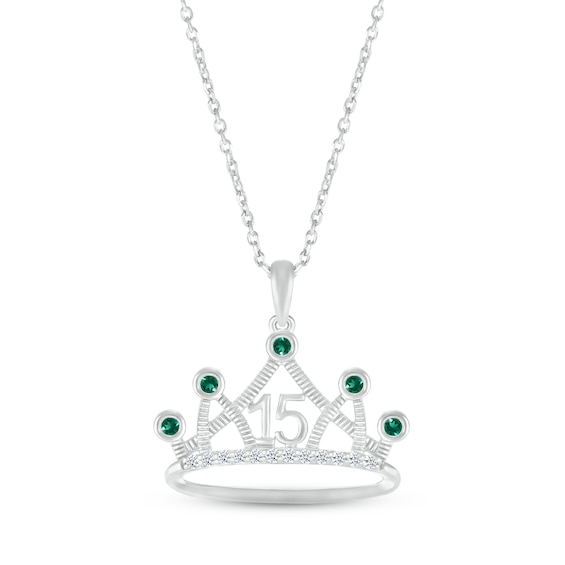 Lab-Created Emerald & White Lab-Created Sapphire Quinceañera Crown Necklace 10K White Gold 18"