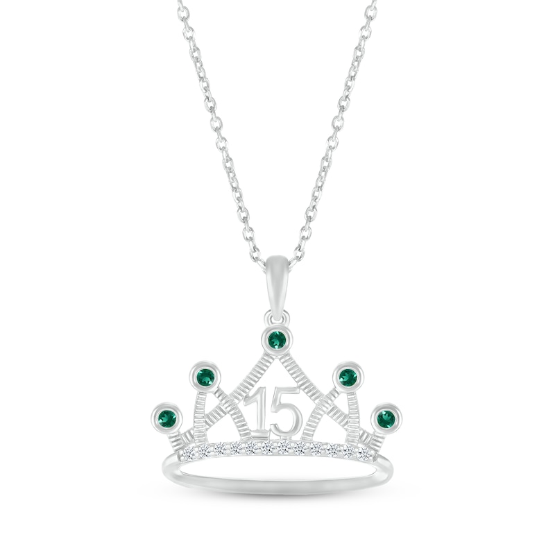 Main Image 1 of Lab-Created Emerald & White Lab-Created Sapphire Quinceañera Crown Necklace 10K White Gold 18&quot;