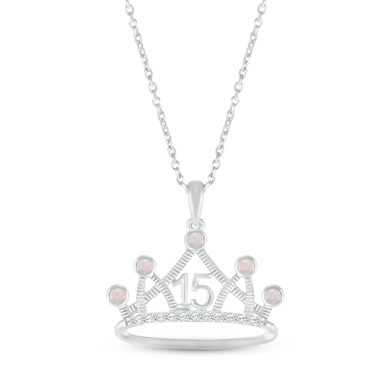 Lab-Created Opal & White Lab-Created Sapphire Quinceañera Crown Necklace 10K White Gold 18"