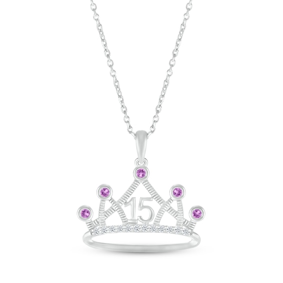 Amethyst & White Lab-Created Sapphire Quinceañera Crown Necklace 10K White Gold 18"