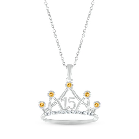 Citrine & White Lab-Created Sapphire Quinceañera Crown Necklace 10K White Gold 18"