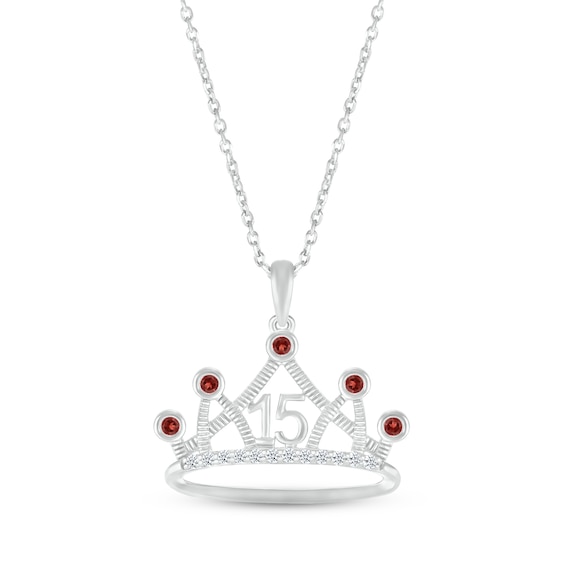 Garnet & White Lab-Created Sapphire Quinceañera Crown Necklace 10K White Gold 18"