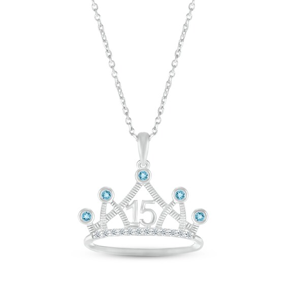 Swiss Blue Topaz & White Lab-Created Sapphire Quinceañera Crown Necklace 10K White Gold 18"