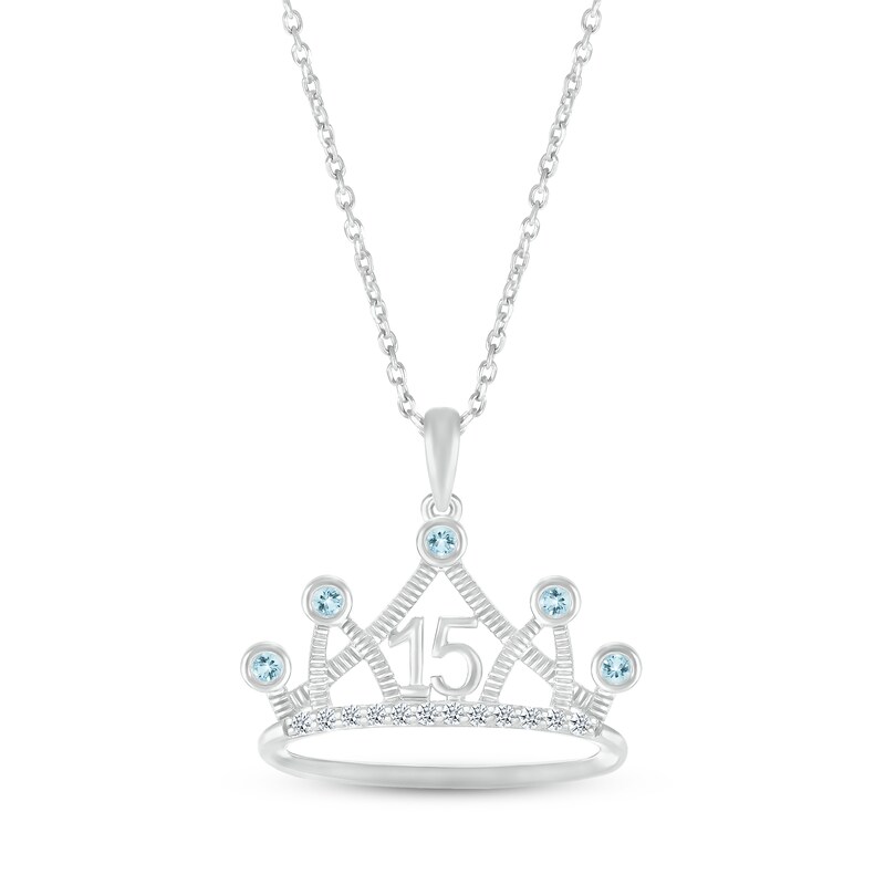 Aquamarine & White Lab-Created Sapphire Quinceañera Crown Necklace 10K White Gold 18"