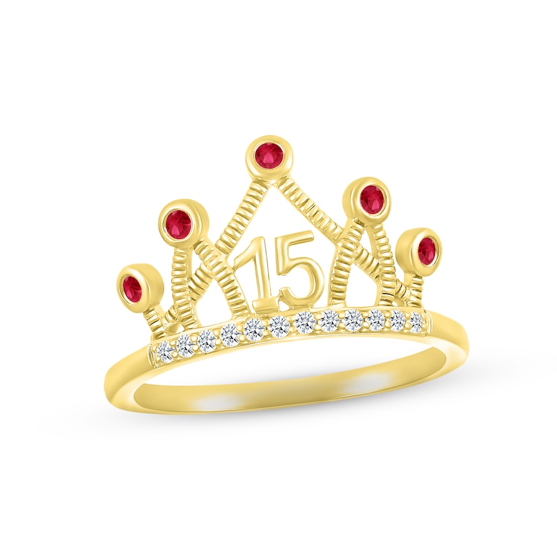 Lab-Created Ruby & White Lab-Created Sapphire Quinceañera Crown Ring 10K Yellow Gold
