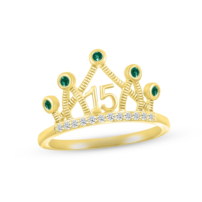 Main Image 1 of Lab-Created Emerald & White Lab-Created Sapphire Quinceañera Crown Ring 10K Yellow Gold